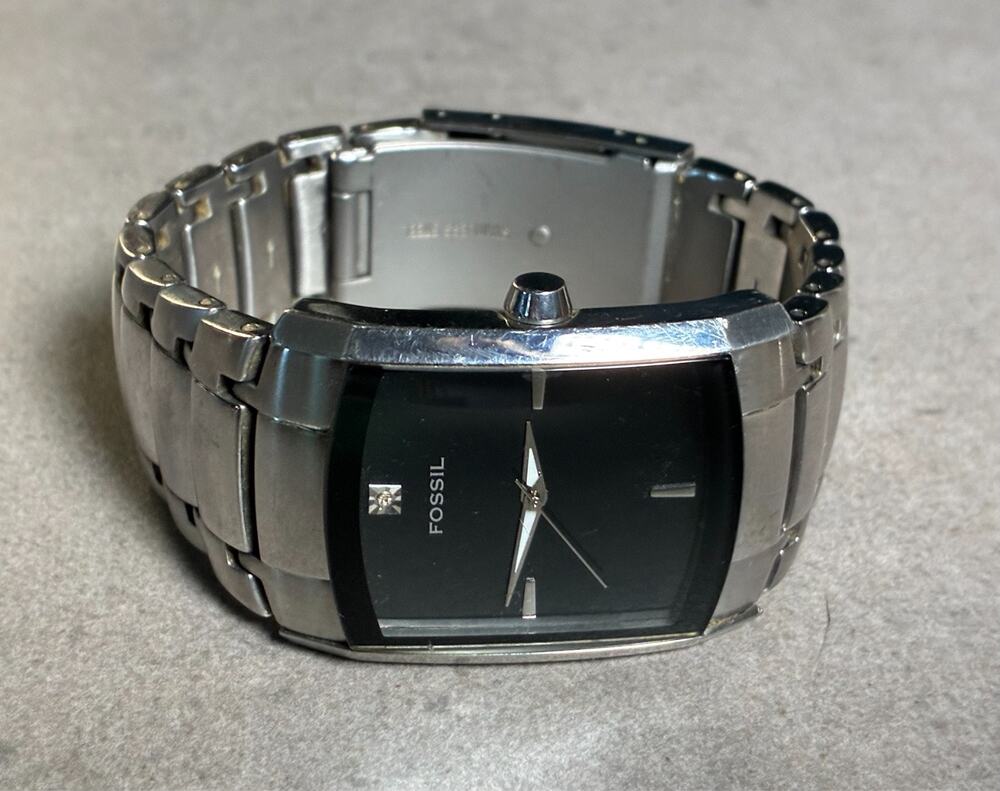 Fossil Arkitekt Men’s Tank Watch Black Diamond Dial 7.5" SS Bracelet Working
